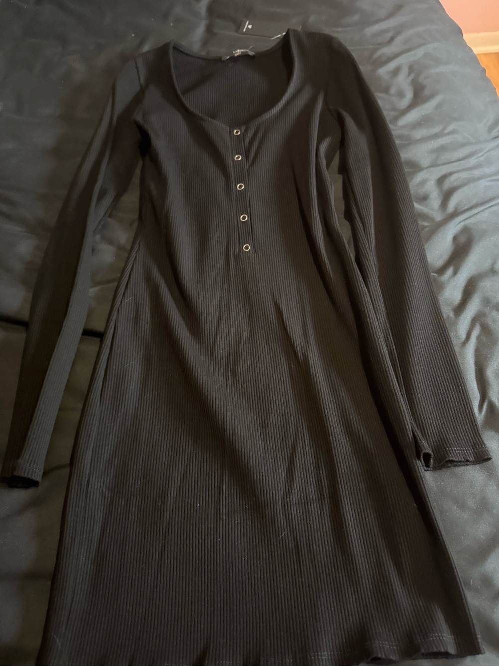 Lulu's Black Ribbed Long Sleeve Henley Dress